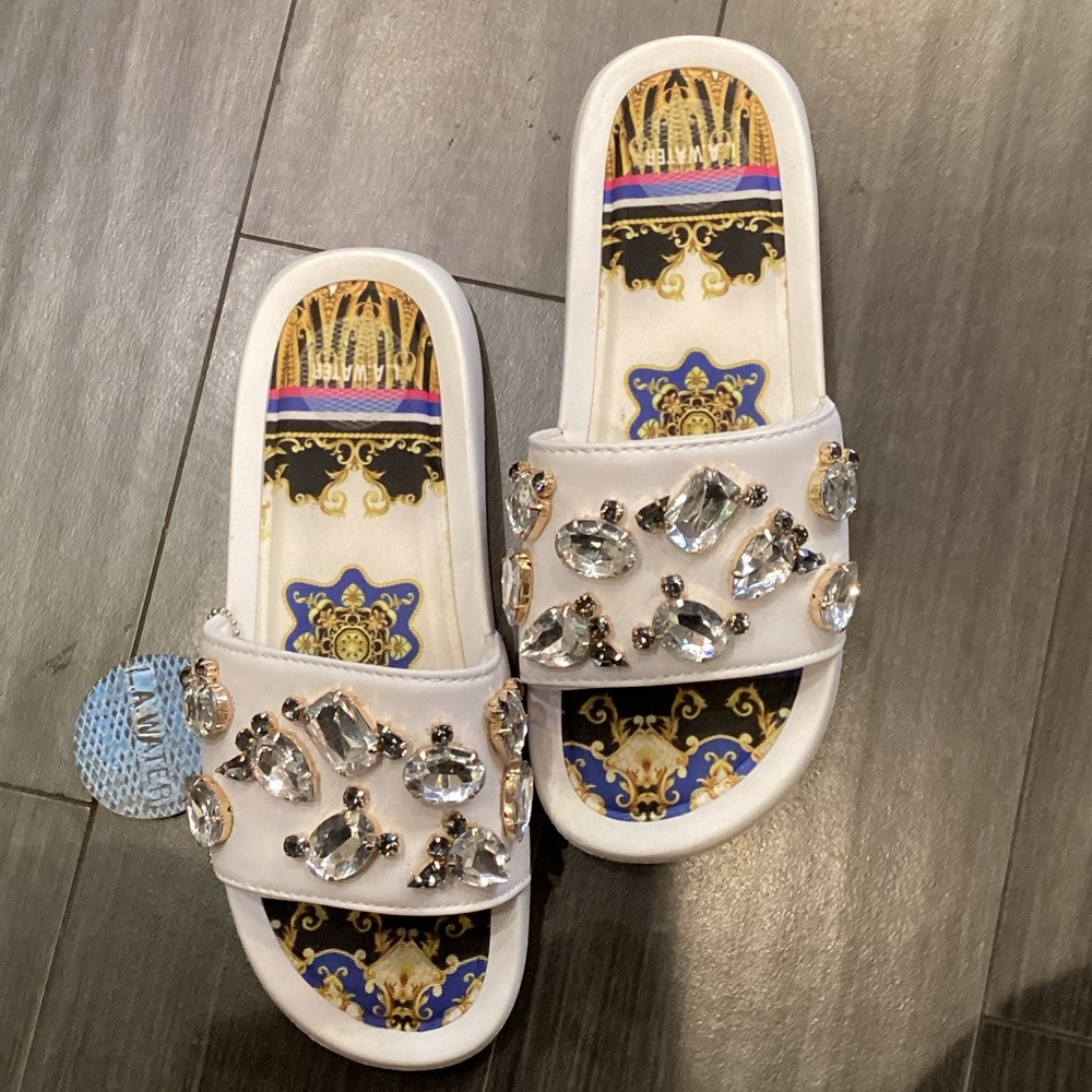 Crystal Embellished White Slide Sandals Made In Italy